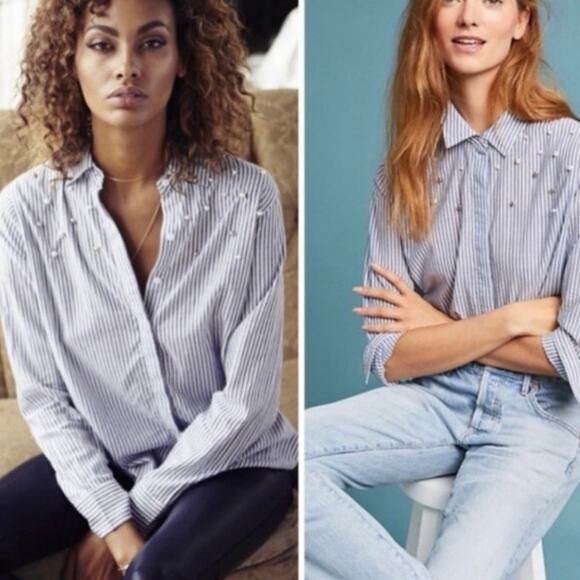 Rails Taylor Florence stripe with studded pearls button down Top XS - Picture 7 of 8